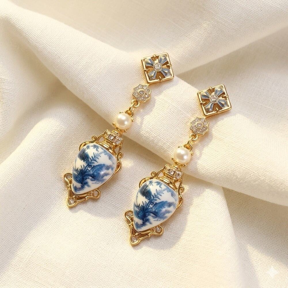 Museum Vase Earrings Pearl Cross Flower CZ VTG Antique Court Ceramic Tree Boho